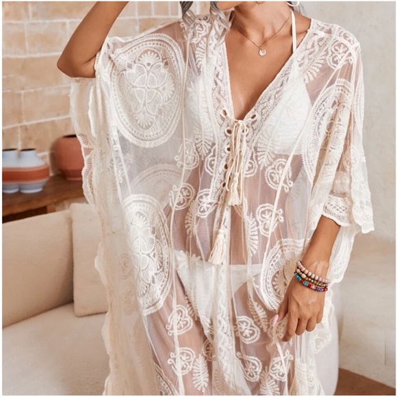 Boho Floral Embroidered Lace Beach Swim Cover up - Picture 4 of 5